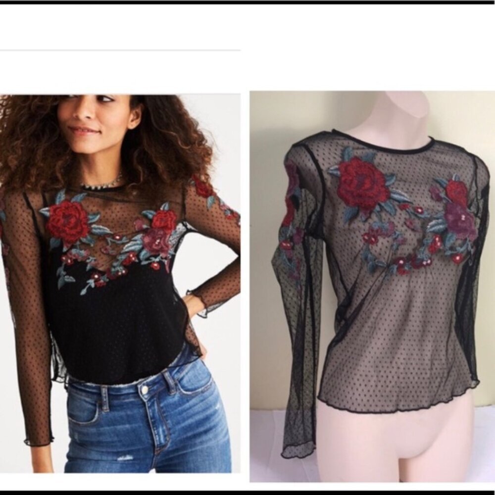 American Eagle AEO Sheer Mesh Flowers Embroidery Rose Stretch Top Shirt Y2K Boho
